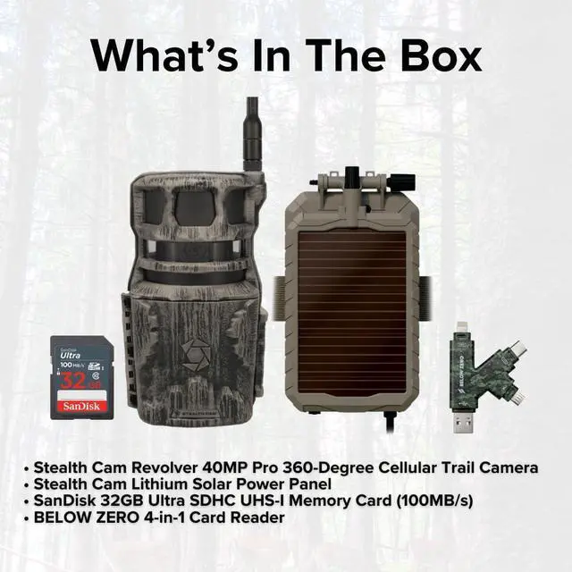 Alt view image 6 of 6 - Stealth Cam Revolver 40MP Pro 360 Degree Cellular Trail Camera Bundle with Lithium Solar Power Panel, 32GB Ultra SDHC UHS-I Memory Card, and Hi-Speed SD USB 2.0 Card Reader (4 Items)