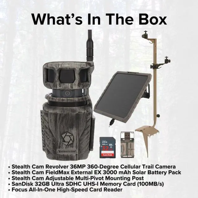 Alt view image 6 of 7 - Stealth Cam Revolver 36MP Pro 360 Degree Cellular Trail Camera Bundle with Mounting Post, Solar Battery, 32GB Memory Card (4 Items)