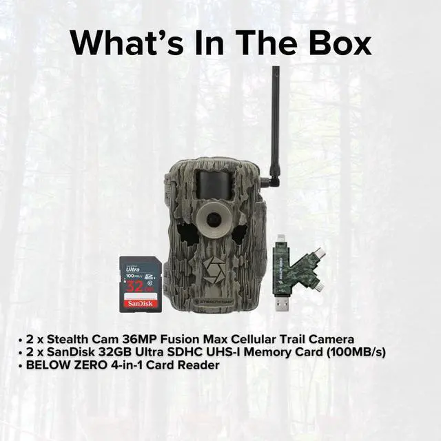 Alt view image 6 of 7 - Stealth Cam 36MP Fusion Max Cellular Trail Camera with 80-Feet Detection Range (2-Pack) Bundle with 4-In-1 Card Reader and 32GB Ultra SDHC UHS-I Memory Card (2-Pack) (4 Items)