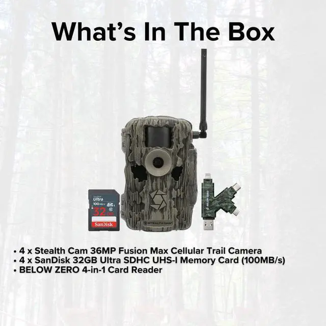 Alt view image 6 of 7 - Stealth Cam 36MP Fusion Max Cellular Trail Camera with 80-Feet Detection Range (2-Pack) x 2 Bundle with 4-In-1 Card Reader and 32GB Ultra SDHC UHS-I Memory Card (4-Pack) (7 Items)