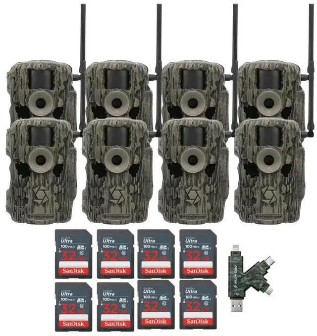 Main image of Stealth Cam 36MP Fusion Max Cellular Trail Camera with 80-Feet Detection Range (2-Pack) x 4 Bundle with 4-In-1 Card Reader and 32GB Ultra SDHC UHS-I Memory Card (8-Pack) (13 Items)