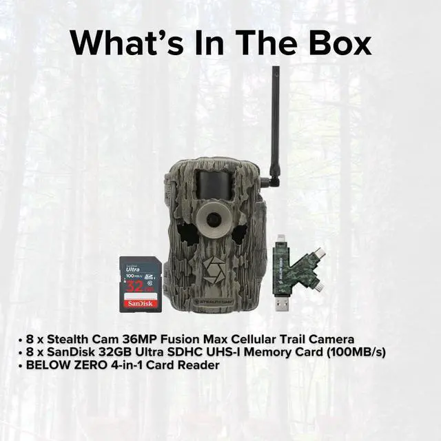 Alt view image 6 of 7 - Stealth Cam 36MP Fusion Max Cellular Trail Camera with 80-Feet Detection Range (2-Pack) x 4 Bundle with 4-In-1 Card Reader and 32GB Ultra SDHC UHS-I Memory Card (8-Pack) (13 Items)