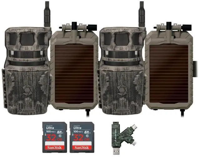 Main image of Stealth Cam Revolver 40MP Pro 360 Degree Cellular Trail Camera (2-Pack) Bundle with Lithium Solar Power Panel (2-Pack), 32GB Ultra SDHC UHS-I Memory Card (2-Pack), and SD USB 2.0 Card Reader (7 Items)