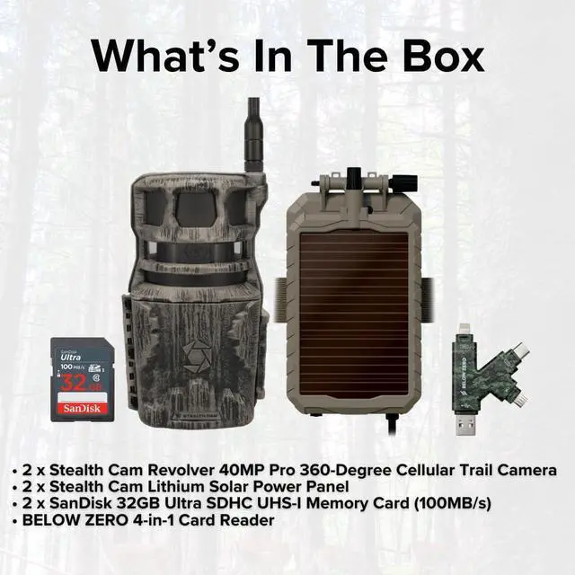 Alt view image 7 of 7 - Stealth Cam Revolver 40MP Pro 360 Degree Cellular Trail Camera (2-Pack) Bundle with Lithium Solar Power Panel (2-Pack), 32GB Ultra SDHC UHS-I Memory Card (2-Pack), and SD USB 2.0 Card Reader (7 Items)