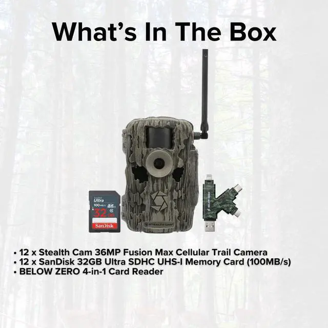 Alt view image 6 of 7 - Stealth Cam 36MP Fusion Max Cellular Trail Camera with 80-Feet Detection Range (2-Pack) x 6 Bundle with 4-In-1 Card Reader and 32GB Ultra SDHC UHS-I Memory Card (12-Pack) (17 Items)