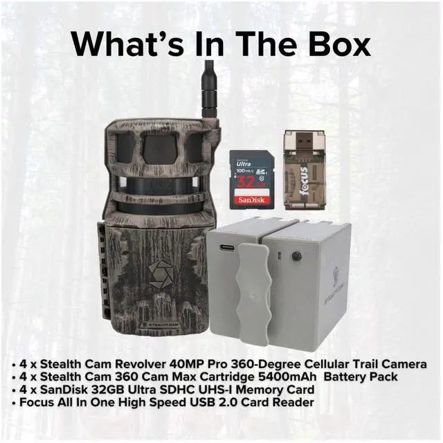 Alt view image 7 of 7 - Stealth Cam Revolver 40MP Pro 360-Degree Cellular Trail Camera (4-Pack) Bundle with 4 x 5400mAh Battery, 4 x 32GB Memory Card, and Card Reader (13 Items)