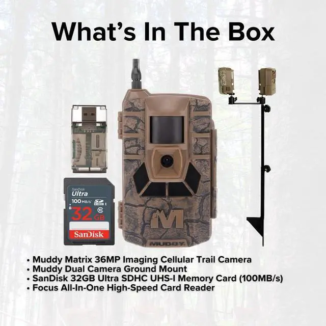 Alt view image 5 of 6 - Muddy Matrix 36MP Imaging Cellular Trail Camera with On Demand Photo (Mud) Bundle with Muddy Dual Camera Ground Mound, 32GB UHS-I Memory Card, and USB 2.0 Card Reader (4 Items)