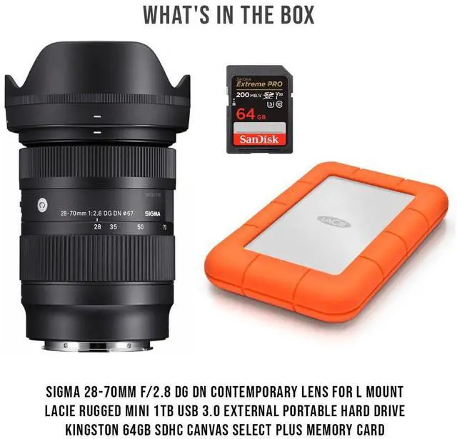 Alt view image 7 of 7 - Sigma 28-70mm f/2.8 DG DN Contemporary Lens for L Mount Bundle with Rugged Mini USB 3.0 1TB External Portable Hard Drive and 64GB SDHC Memory Card (3 Items)
