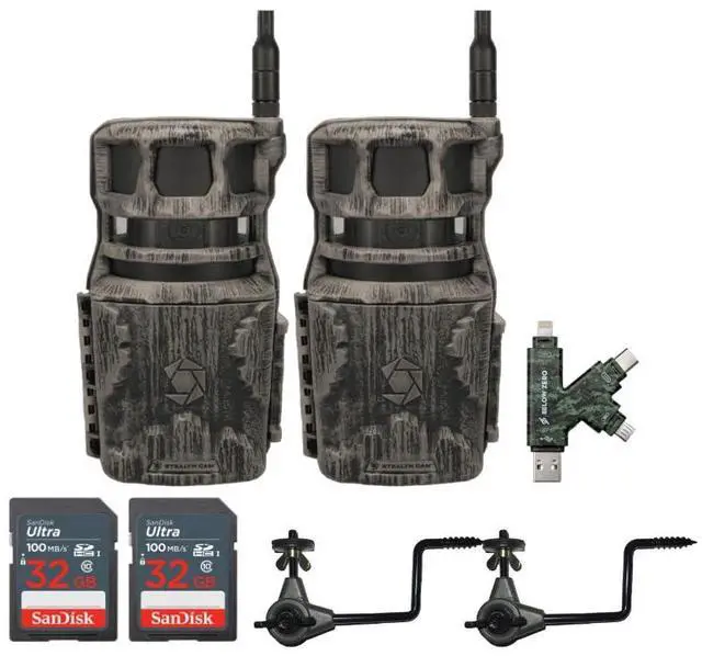 Main image of Stealth Cam Revolver 40MP Pro 360-Degree Cellular Trail Camera (2-Pack) Bundle with Economy Trail Camera Holder (2-Pack), 32GB UHS-I Memory Card (2-Pack), and SD Card Reader (7 Items)