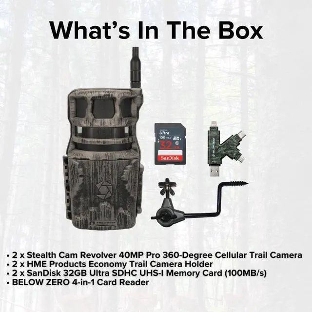 Alt view image 7 of 7 - Stealth Cam Revolver 40MP Pro 360-Degree Cellular Trail Camera (2-Pack) Bundle with Economy Trail Camera Holder (2-Pack), 32GB UHS-I Memory Card (2-Pack), and SD Card Reader (7 Items)
