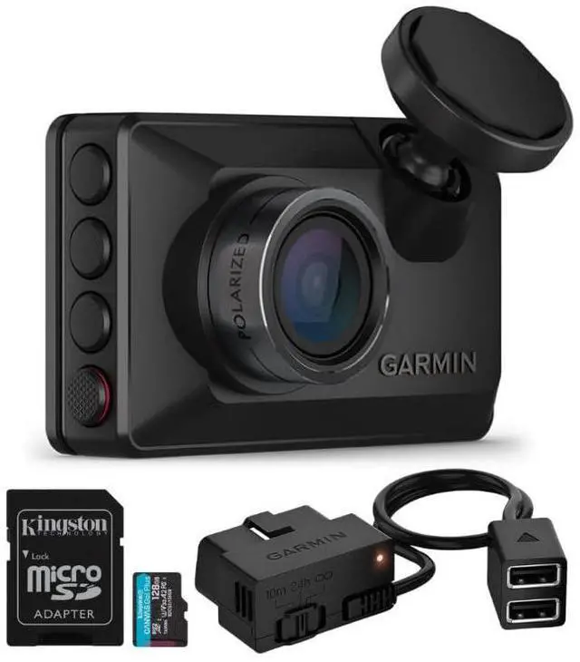 Garmin Dash Cam X210 Compact 1440p Camera with 140-Degree Field of View and Voice Control (Black) Bundle with Garmin Constant Power Cable for Dash Cams (Black) and 128GB Memory Card (3 Items)
