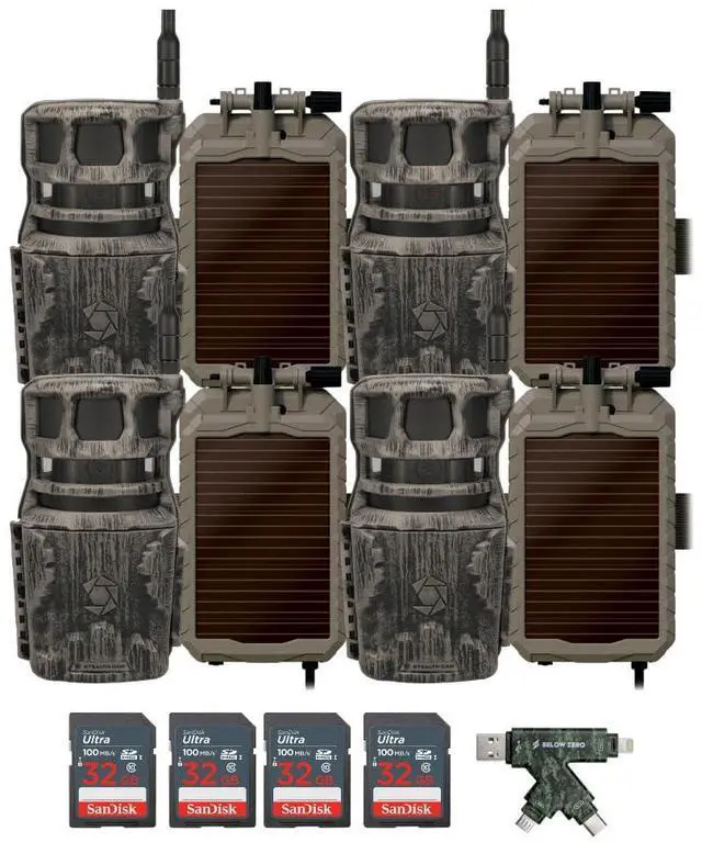 Main image of Stealth Cam Revolver 40MP Pro 360 Degree Cellular Trail Camera (4-Pack) Bundle with Sol-Pak Solar Battery (4-Pack), 32GB Ultra SDHC UHS-I Memory Card (4-Pack), and SD USB 2.0 Card Reader (13 Items)