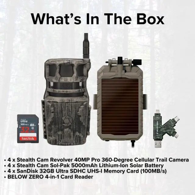 Alt view image 7 of 7 - Stealth Cam Revolver 40MP Pro 360 Degree Cellular Trail Camera (4-Pack) Bundle with Sol-Pak Solar Battery (4-Pack), 32GB Ultra SDHC UHS-I Memory Card (4-Pack), and SD USB 2.0 Card Reader (13 Items)