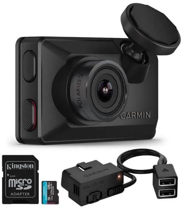 Main image of Garmin Dash Cam X310 Compact 4K Camera with 140-Degree Field of View and Voice Control (Black) Bundle with Garmin Constant Power Cable for Dash Cams (Black) and 128GB Memory Card (3 Items)
