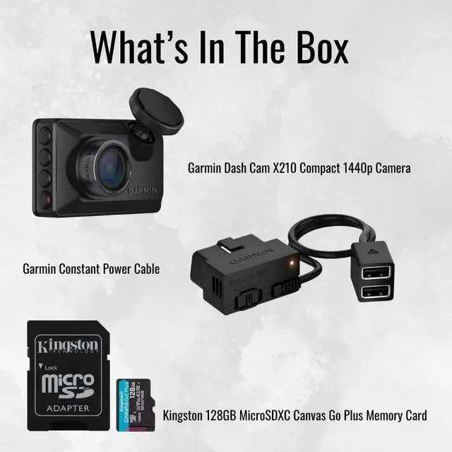 Alt view image 7 of 7 - Garmin Dash Cam X210 Compact 1440p Camera with 140-Degree Field of View and Voice Control (Black) Bundle with Garmin Constant Power Cable for Dash Cams (Black) and 128GB Memory Card (3 Items)