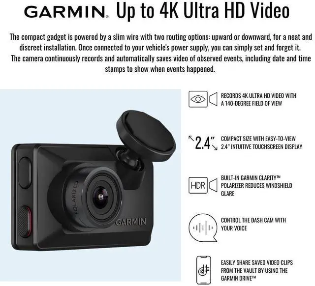Alt view image 5 of 7 - Garmin Dash Cam X310 Compact 4K Camera with 140-Degree Field of View and Voice Control (Black) Bundle with Garmin Constant Power Cable for Dash Cams (Black) and 128GB Memory Card (3 Items)