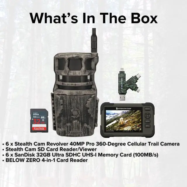 Alt view image 7 of 7 - Stealth Cam Revolver 40MP Pro 360 Degree Cellular Trail Camera (6-Pack) Bundle with SD Card Reader-Viewer (6-Pack), 32GB SDHC UHS-I Memory Card (6-Pack), and SD USB 2.0 Card Reader (19 Items)