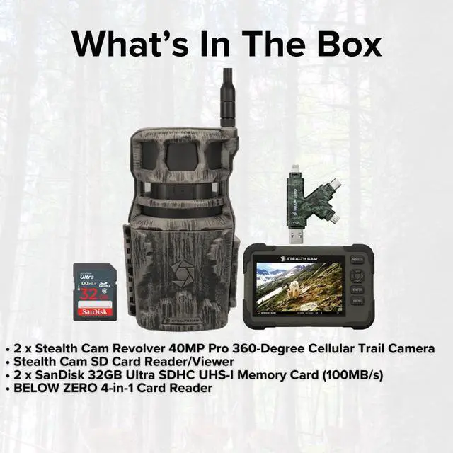 Alt view image 7 of 7 - Stealth Cam Revolver 40MP Pro 360 Degree Cellular Trail Camera (2-Pack) Bundle with SD Card Reader-Viewer, 32GB SDHC UHS-I Memory Card (2-Pack), and SD USB 2.0 Card Reader (6 Items)