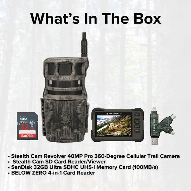 Alt view image 7 of 7 - Stealth Cam Revolver 40MP Pro 360 Degree Cellular Trail Camera Bundle with 4.3-Inch LCD Screen SD Card Reader-Viewer, 32GB Ultra SDHC UHS-I Memory Card, and Hi-Speed SD USB 2.0 Card Reader (4 Items)