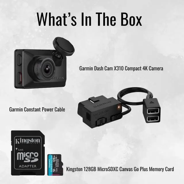 Alt view image 7 of 7 - Garmin Dash Cam X310 Compact 4K Camera with 140-Degree Field of View and Voice Control (Black) Bundle with Garmin Constant Power Cable for Dash Cams (Black) and 128GB Memory Card (3 Items)