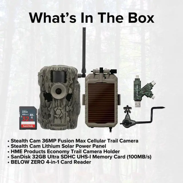 Alt view image 6 of 7 - Stealth Cam 36MP Fusion Max Cellular Trail Camera Bundle with Lithium Solar Power Panel, Trail Camera Holder, 32GB Memory Card, and Card Reader (5 Items)