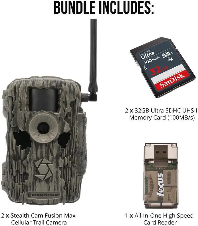 Alt view image 6 of 7 - Stealth Cam 36MP Fusion Max Cellular Trail Camera with 80 Feet Detection Range 2-Pack with Two 32GB Memory Cards and Card Reader (5 Items)