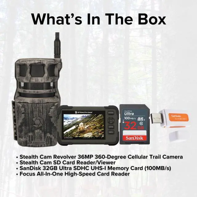 Alt view image 6 of 7 - Stealth Cam Revolver 36MP 360-Degree Cellular Trail Camera with 1/4-Inch Threaded Mount Bundle with Stealth Cam SD Card Reader and Viewer, 32GB Memory Card, and Card Reader (4 Items)