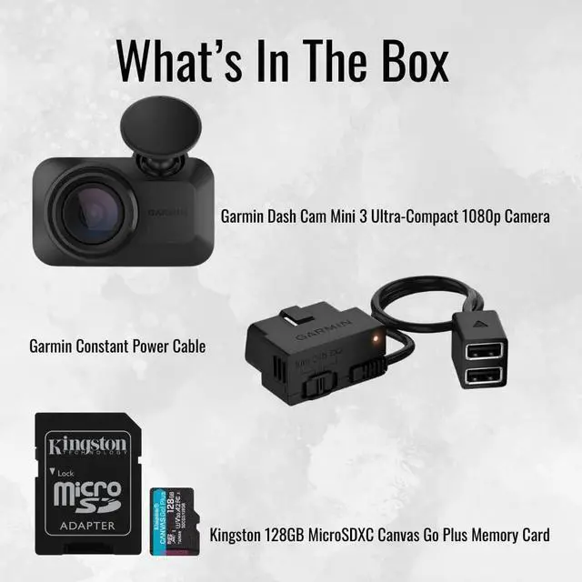 Alt view image 7 of 7 - Garmin Dash Cam Mini 3 Ultra-Compact 1080p Camera with 140-Degree Field of View (Black) Bundle with Garmin Constant Power Cable for Dash Cams (Black) and 128GB MicroSDXC Memory Card (3 Items)