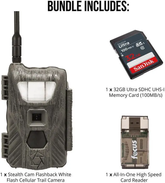 Alt view image 2 of 3 - Stealth Cam Flashback 40MP White Flash Cellular Trail Camera with 32GB Memory Cards and Card Reader (3 Items)