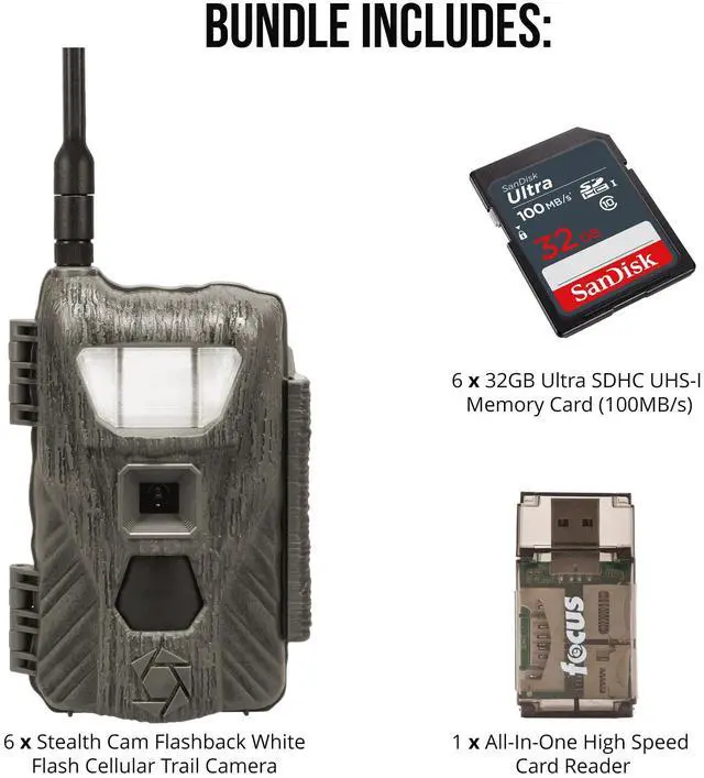 Alt view image 2 of 3 - Stealth Cam Flashback 40MP White Flash Cellular Trail Camera 6-Pack with Six 32GB Memory Cards and Card Reader (13 Items)