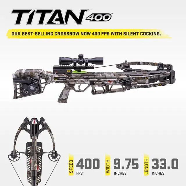 Alt view image 2 of 7 - TenPoint Titan 400 Compact Profile Crossbow with T5 Trigger, Bow Hook, ACUdraw Silent, and Pro-View 400 Scope for Down-Range Accuracy (Vektra)
