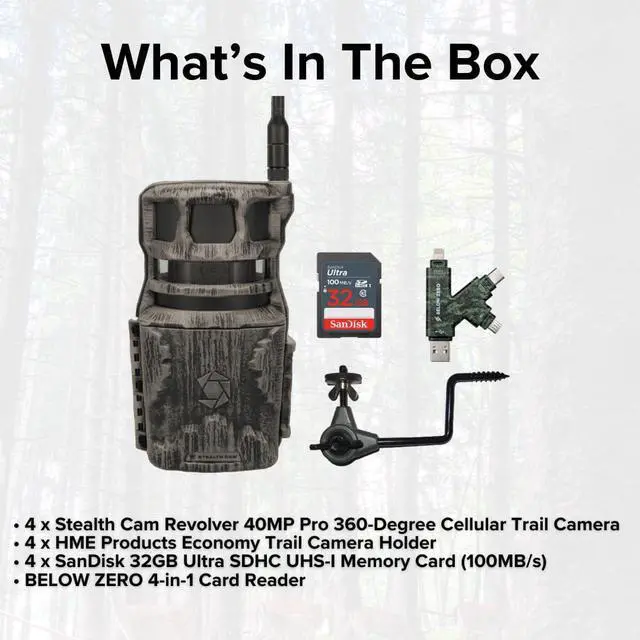 Alt view image 7 of 7 - Stealth Cam Revolver 40MP Pro 360-Degree Cellular Trail Camera (4-Pack) Bundle with Economy Trail Camera Holder (4-Pack), 32GB UHS-I Memory Card (4-Pack), and SD Card Reader (13 Items)