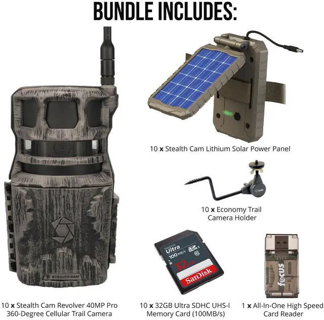 Alt view image 6 of 7 - Stealth Cam Revolver 40MP Pro 360-Degree Cellular Trail Camera (10-Pack) Bundle with Solar Power Panel(10-Pack), Trail Camera Holder (10-Pack), 32GB Memory Card (10-Pack), and Card Reader (41 Items)