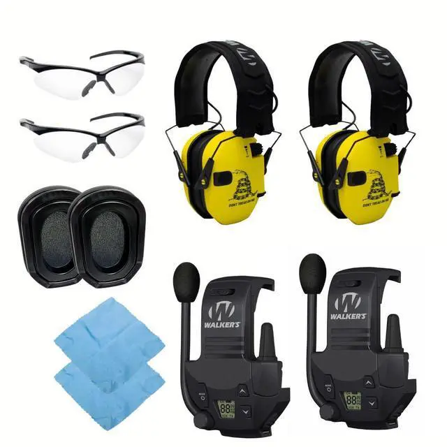 Main image of Walker's Razor Electronic Earmuffs (Dont Tread On Me, Yellow, 2-Pack) Bundle with Walkie Talkie Attachment (2-Pack), Ear Pad (Black, 2-Pack), Glasses (Clear, 2-Pack), and Cloth (2-Pack) (10 Items)