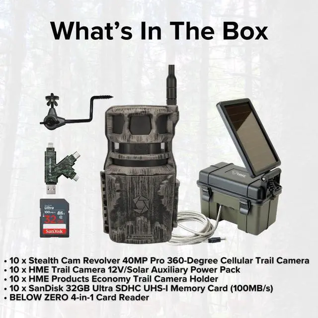 Alt view image 7 of 7 - Stealth Cam Revolver 40MP Pro 360-Degree Cellular Trail Camera (10-Pack) Bundle with Trail Camera 12V (10-Pack), Trail Camera Holder (10-Pack), 32GB Memory Card (10-Pack), and Reader-Writer (41 Items)