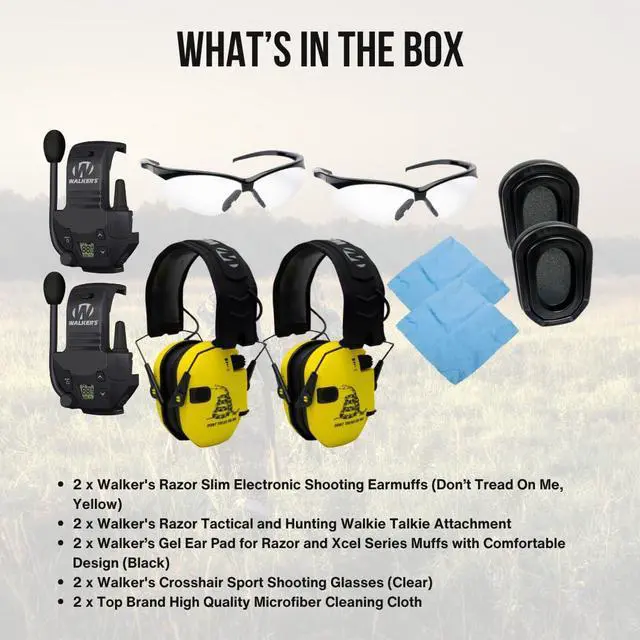 Alt view image 7 of 7 - Walker's Razor Electronic Earmuffs (Dont Tread On Me, Yellow, 2-Pack) Bundle with Walkie Talkie Attachment (2-Pack), Ear Pad (Black, 2-Pack), Glasses (Clear, 2-Pack), and Cloth (2-Pack) (10 Items)