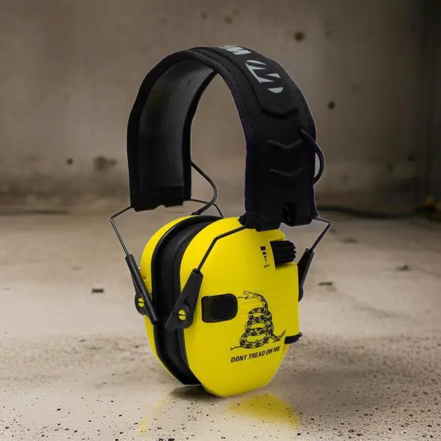 Alt view image 6 of 7 - Walker's Razor Electronic Earmuffs (Dont Tread On Me, Yellow, 2-Pack) Bundle with Walkie Talkie Attachment (2-Pack), Ear Pad (Black, 2-Pack), Glasses (Clear, 2-Pack), and Cloth (2-Pack) (10 Items)
