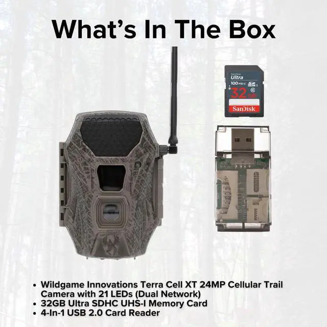 Alt view image 7 of 7 - Wildgame Innovations Terra Cell XT 24MP Cellular Dual Network Trail Camera with 21 LEDs Bundle with 32GB Ultra SDHC UHS-I Memory Card and 4-In-1 USB Card Reader (Black) (3 Items)