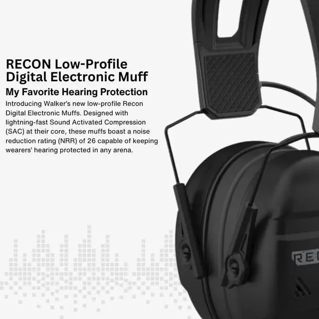 Alt view image 5 of 6 - Walker's Recon Low-Profile Digital Electronic Muff with SAC Technology and NRR 26 (Black) Bundle with Walker's Hearing Protection Case (2 Items)