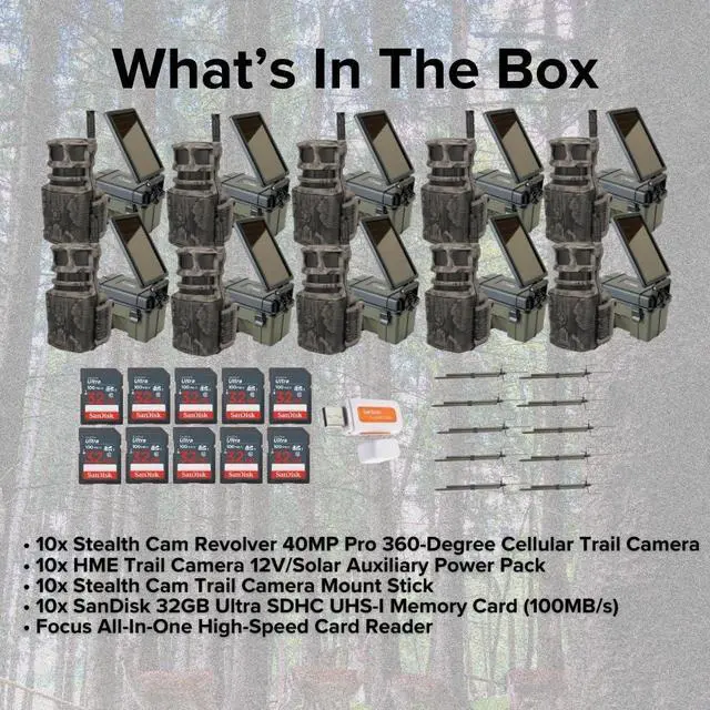 Alt view image 6 of 6 - Stealth Cam Revolver 40MP Pro 360-Degree Cellular Trail Camera (10-Pack) Bundle with Trail Camera (10-Pack), Trail Camera Mount Stick (10-Pack), 32GB Memory Card (10-Pack), and Card Reader (41 Items)