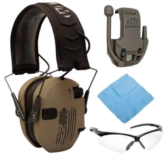 Main image of Walker's Razor Slim Electronic Hearing Protection Muff (Distressed Flag) Bundle with Walkie Talkie Attachment (Flat Dark Earth), Sport Glasses (Clear), and Microfiber Cleaning Cloth (4 Items)