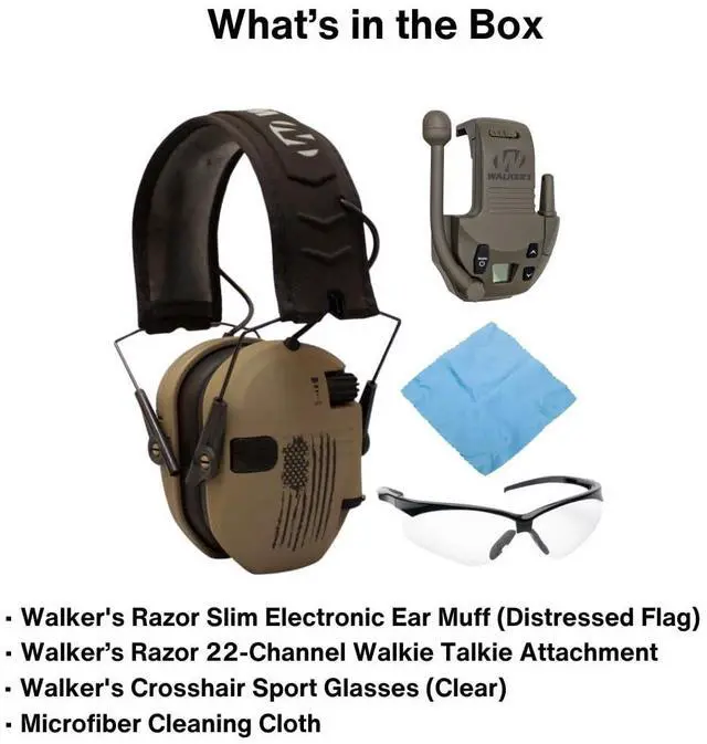 Alt view image 6 of 6 - Walker's Razor Slim Electronic Hearing Protection Muff (Distressed Flag) Bundle with Walkie Talkie Attachment (Flat Dark Earth), Sport Glasses (Clear), and Microfiber Cleaning Cloth (4 Items)