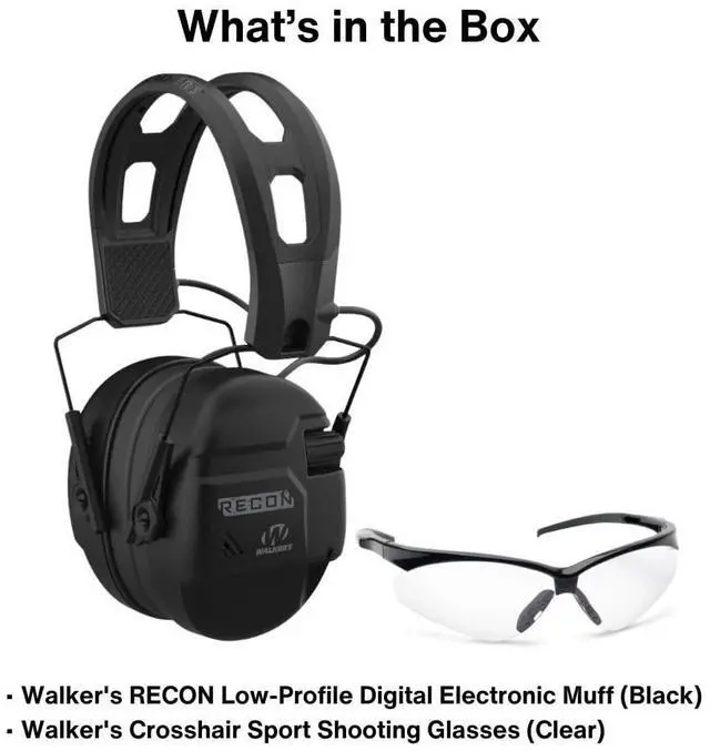 Alt view image 6 of 6 - Walker's Recon Low-Profile Digital Electronic Muff with SAC Technology and NRR 26 (Black) Bundle with Walker's Crosshair Sport Glasses (Clear) (2 Items)