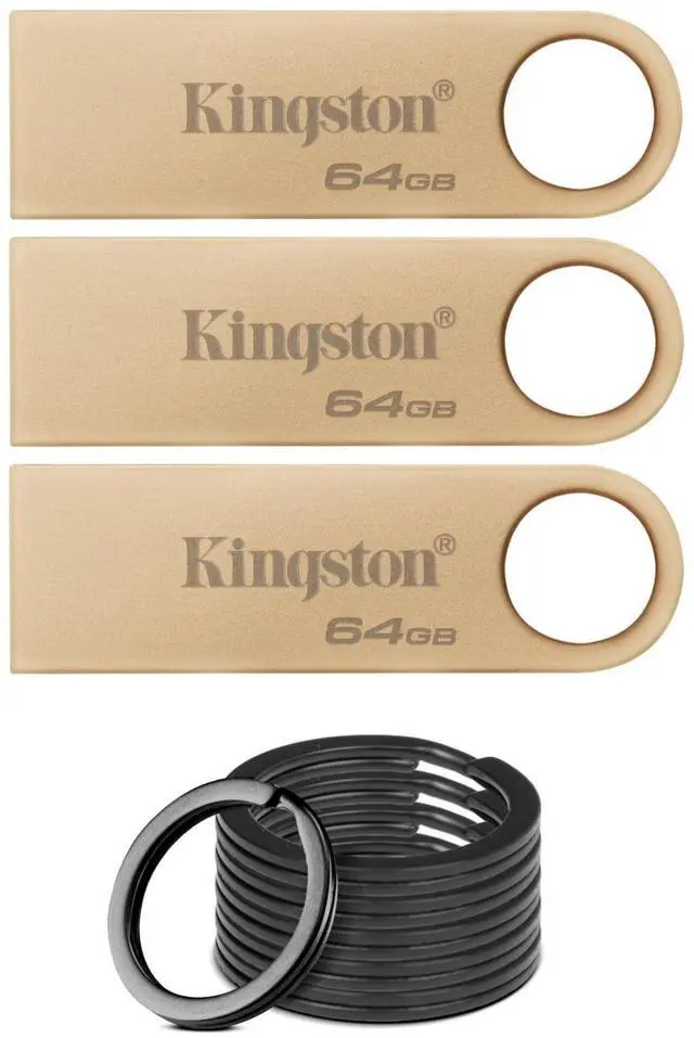 Main image of Kingston DataTraveler SE9 G3 USB 3.2 Gen 1 Flash Drive with 220MBPS Read Speed (64GB, 3-Pack) Bundle with Focus Camera Stainless Steel Keyring Set with Durable Keychain Rings (10-Pack) (4 Items)