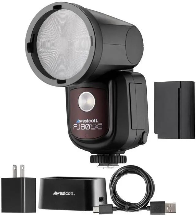 Main image of Westcott FJ80-SE M Universal 80Ws Speedlight Bundle with FJ80-SE DC 7.4V 2500mAh 18.5Wh Li-Ion Battery and FJ80-SE 8.4V Battery Charger and Cord (3 Items)