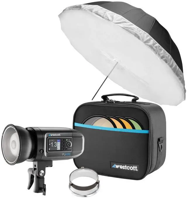 Main image of Westcott FJ400 400Ws Strobe with AC and DC Li-Ion Polymer Battery Bundle with Westcott Diffusion Fabric for 43-Inch-Deep Parabolic Umbrella with Adjustable Drawstring Entry Point (2 Items)