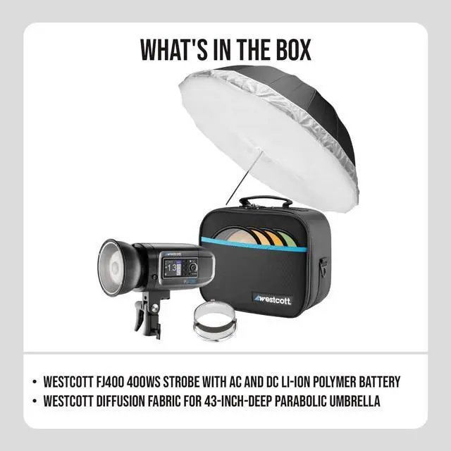 Alt view image 7 of 7 - Westcott FJ400 400Ws Strobe with AC and DC Li-Ion Polymer Battery Bundle with Westcott Diffusion Fabric for 43-Inch-Deep Parabolic Umbrella with Adjustable Drawstring Entry Point (2 Items)