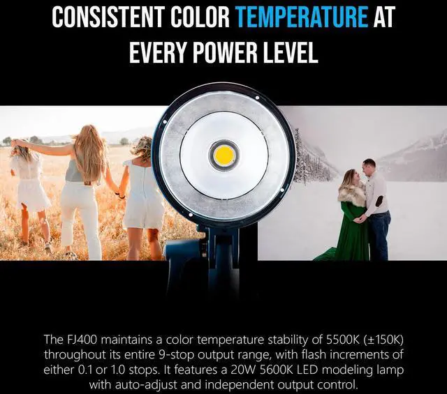 Alt view image 5 of 7 - Westcott FJ400 400Ws Strobe with AC and DC Li-Ion Polymer Battery Bundle with Westcott Diffusion Fabric for 43-Inch-Deep Parabolic Umbrella with Adjustable Drawstring Entry Point (2 Items)