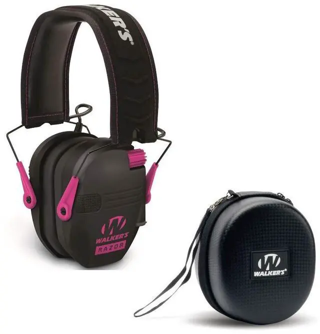 Main image of Walker's Razor Slim Shooter Pink Electronic Hunting Folding Hearing Protection Earmuffs with 23dB Noise Reduction & Black Shockproof Carrying Case