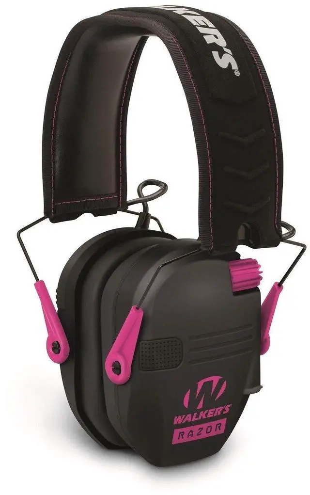 Alt view image 2 of 6 - Walker's Razor Slim Shooter Pink Electronic Hunting Folding Hearing Protection Earmuffs with 23dB Noise Reduction & Black Shockproof Carrying Case